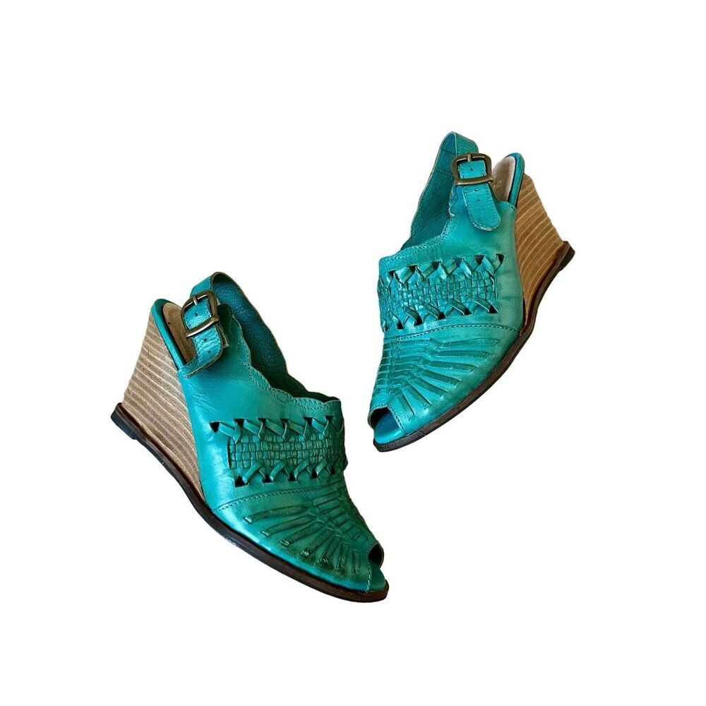 Seychelles Woven Open Toe Teal Wedge Sandals size 7.5 Leather